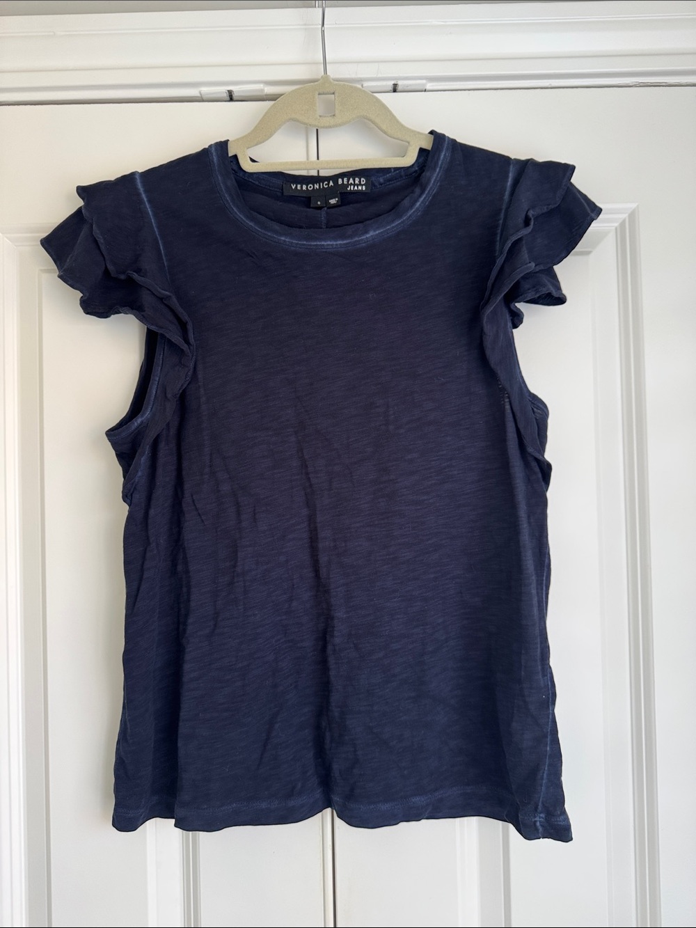 Veronica Beard Dark Navy Ruffle Sleeve Cotton Tee